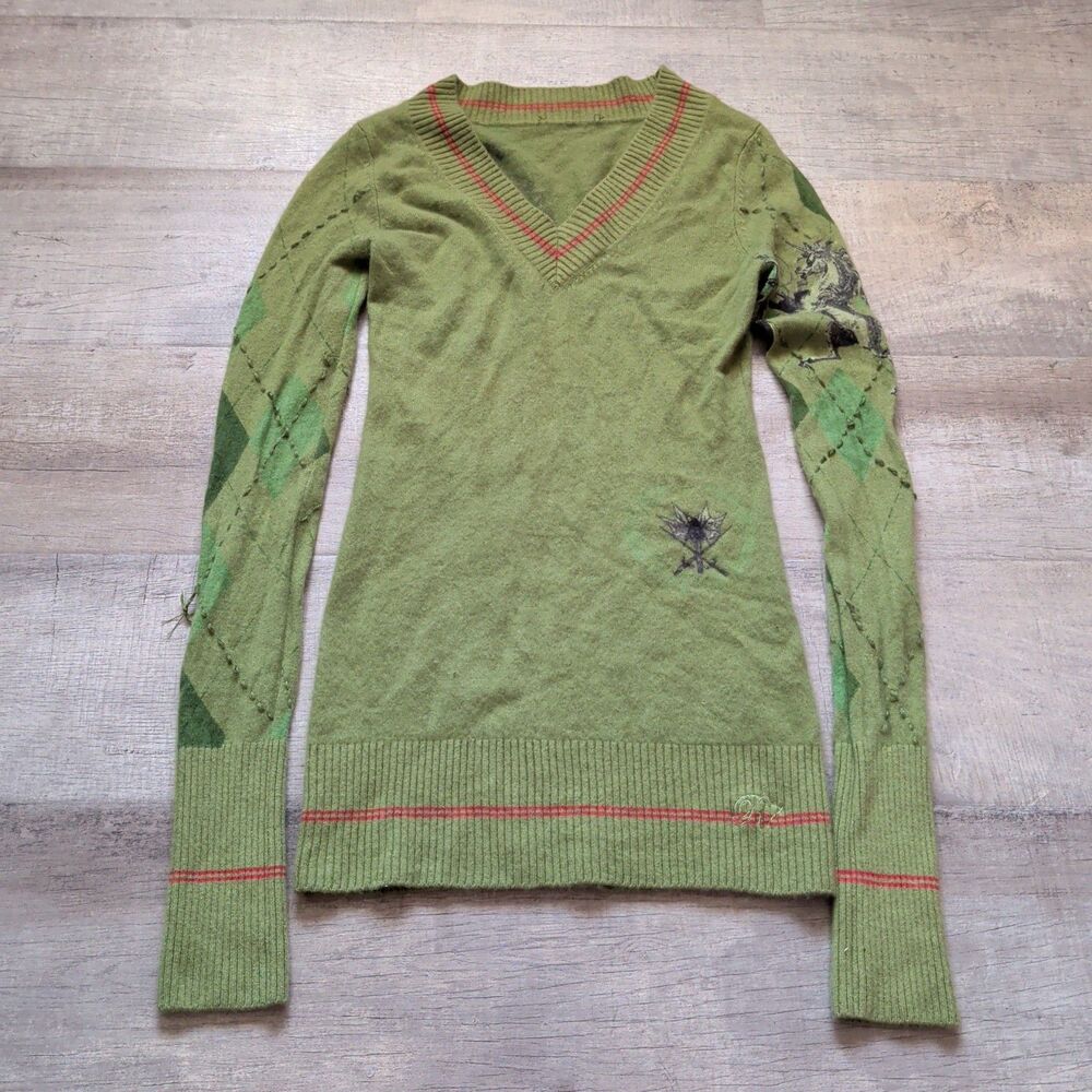​Y2K Graphic Sweater Dress Womens Green Argyle Unicorn V-Neck Knit Mini Small